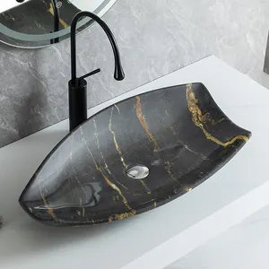 Tezgah üstü Oval lüks Modern sanat yüz el lavabo seramik siyah mermer gemi lavabo düzensiz banyo lavaboları