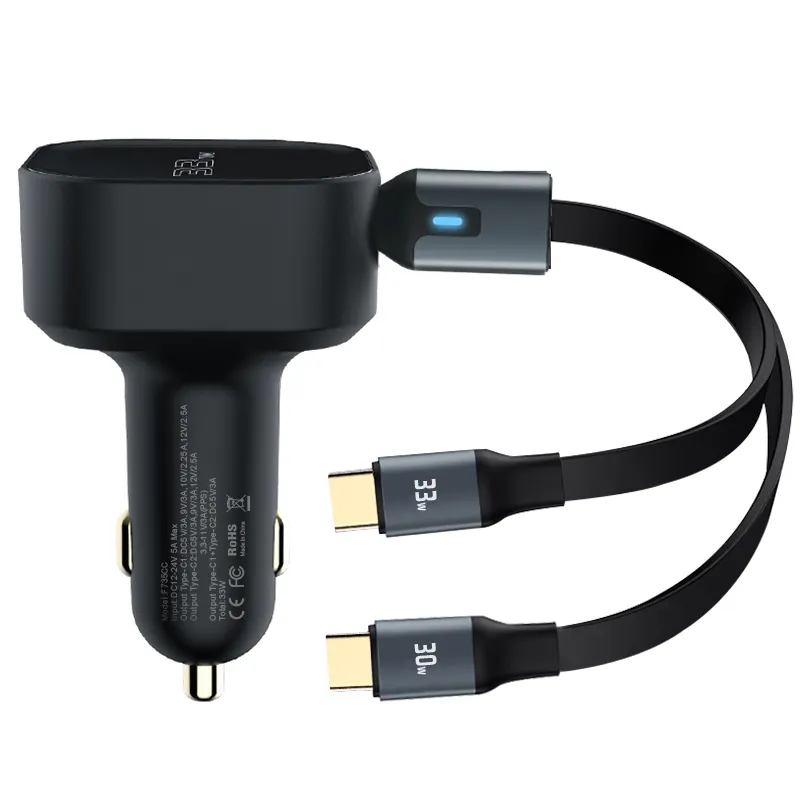 33W geri çekilebilir araba şarjı, süper hızlı USB araba iPhone şarj cihazı, çift USB C kablosu araba şarjı şarj adaptörü