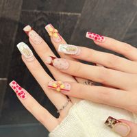 Ongles carrés avec coins arrondis, rouge, French manucure brillante, faux ongles à presser, ABS, faits à la main, 10 pièces, ongles carrés avec fleurs 3D