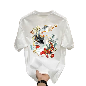 T-shirt tendance en coton épais 100 %, manches courtes, style chinois, broderie carpe et fleurs, coupe ample décontractée, col rond, anti-boulochage - Product Image 1