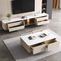 Meubles de salon modernes et durables pour grand appartement, ensemble de meuble TV en dalle de roche et table basse de luxe en bois massif