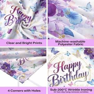 Décor de fond d'anniversaire papillon pour fille et femme, décorations papillon violettes joyeuses anniversaire, bannière d'anniversaire parfaite à l'<span class=keywords><strong>aquarelle</strong></span> florale - Product Image 6