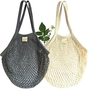 Grand sac en maille de coton réutilisable avec Logo personnalisé, sacs en filet d'épicerie avec cordes pour légumes, fruits, emballage alimentaire