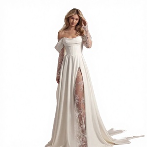 Vestido de Novia Elegante y Moderno de Talla Grande, Corte en A, Largo hasta el Suelo, Cintura Natural, Ecológico, con Hombros Descubiertos, Espalda Descubierta y Manga Larga - Product Image 3