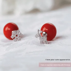 Boucles d'oreilles mignonnes en argent sterling 925 renne de Noël flocon de neige coquille de perle rouge cadeau du fabricant direct numérique - Product Image 1