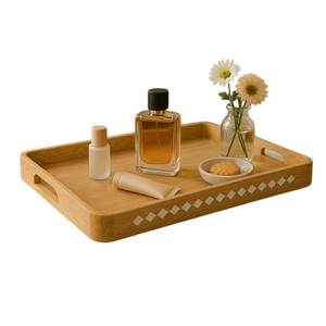 ADC Light Wood Rectangular <b>Tray</b> with Inlay Detail Organizer Decorative Serving Organizer for Bathroom <b>Vanity</b> Kitchen Count - Product Image 1