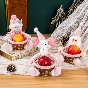 Cesta Navideña Rosa con Lentejuelas y Muñeco de Peluche, Caja de Regalo de Ratán para Frutas y Dulces - Product Image 1