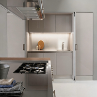 Meubles de cuisine modernes et écologiques en acier inoxydable durable, sur mesure, avec finition laquée, robinet, charnières et évier intégrés