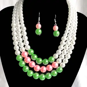 手工希腊女联谊会礼物三股粉色绿色珍珠串珠耳环项链饰品套装