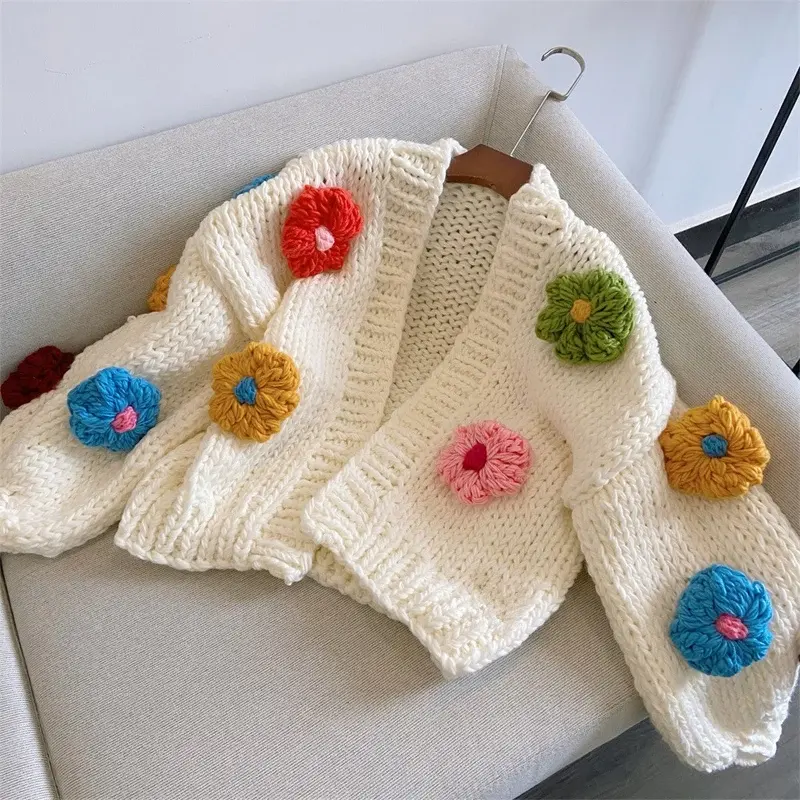 Vẻ Đẹp Lãng Mạn Đầy Màu Sắc Phụ Nữ Tops Cardigan Dệt Kim Hoa Áo Len Vuông Tay Crochet Sọc Mô Hình Dệt Kim Áo Khoác