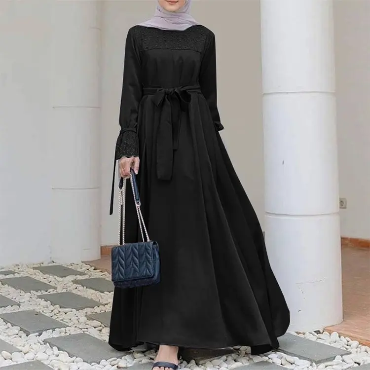 Mode grande taille couleur unie dentelle épissage col rond quatre voies Stretch à manches longues robe de soirée robe de mariée musulmane élégante