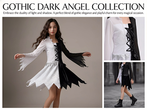 ชุดคอสเพลย์นางฟ้าสีดำและสีขาวสไตล์โกธิคสำหรับเด็กผู้หญิง - ชุดฮาโลวีนผ้าโพลีเอสเตอร์พร้อมแขนเสื้อโปร่ง - Product Image 4