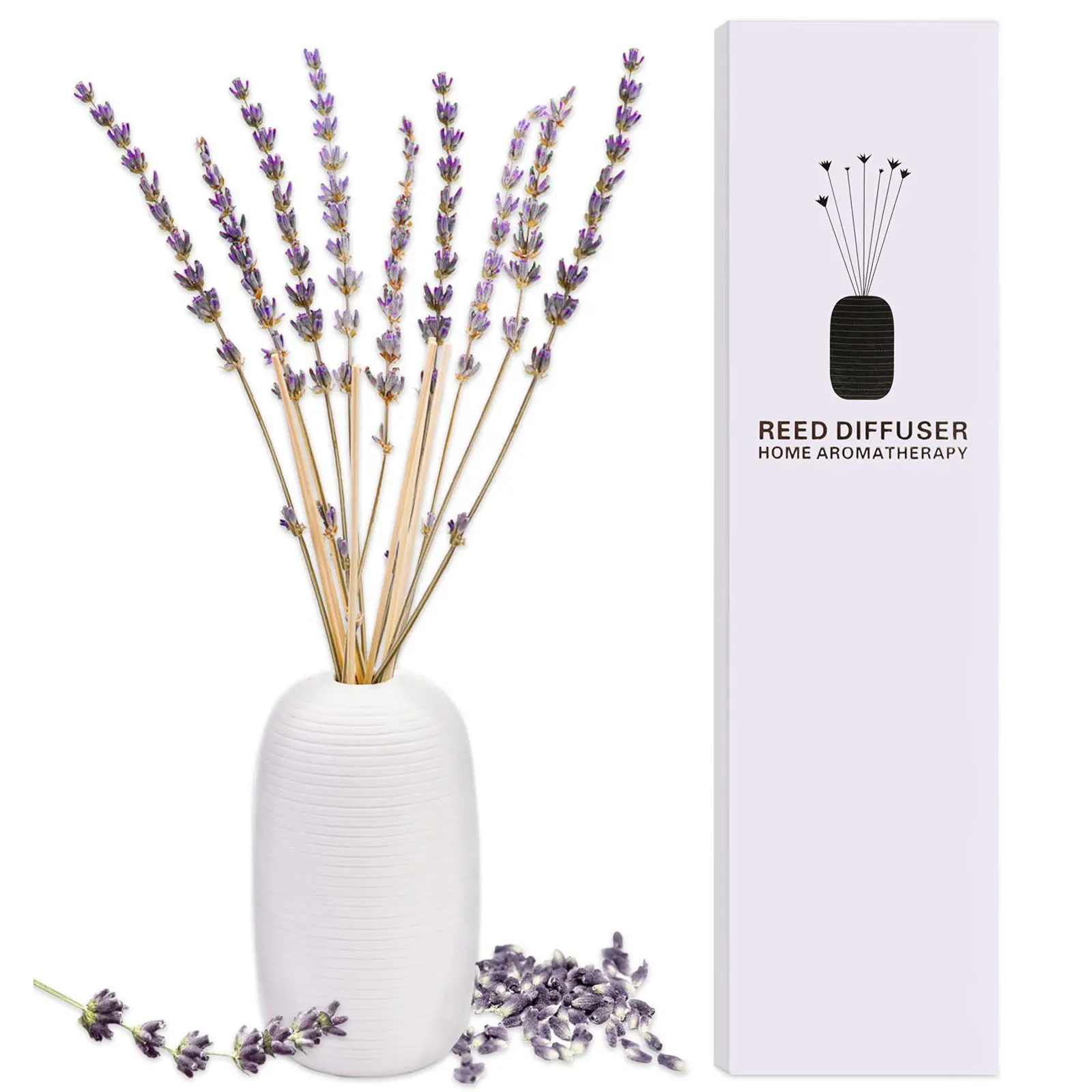 Improve Mood Lavender Preserved Real Flower Stress Relief Elegant White Ceramic Vase Reed Diffuser Bottle 1000 Ml With Sticks