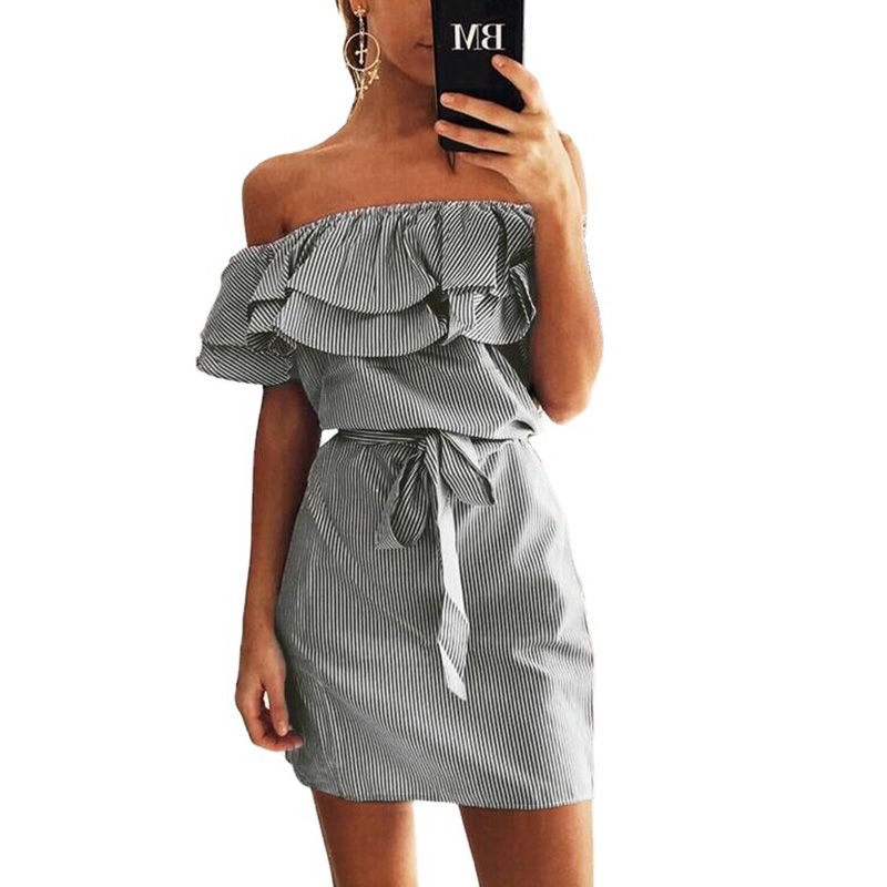 Factory Price Off Shoulder Design Ruffle Short Sleeve Casual Party Women Party Dresses