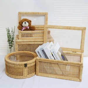 Ensemble de 2 boîtes de présentation <span class=keywords><strong>vintage</strong></span> en <span class=keywords><strong>rotin</strong></span> en bois avec couvercle en acrylique Boho Home Decor panier de rangement en <span class=keywords><strong>rotin</strong></span> organisateur de livres jouets pour enfants - Product Image 3