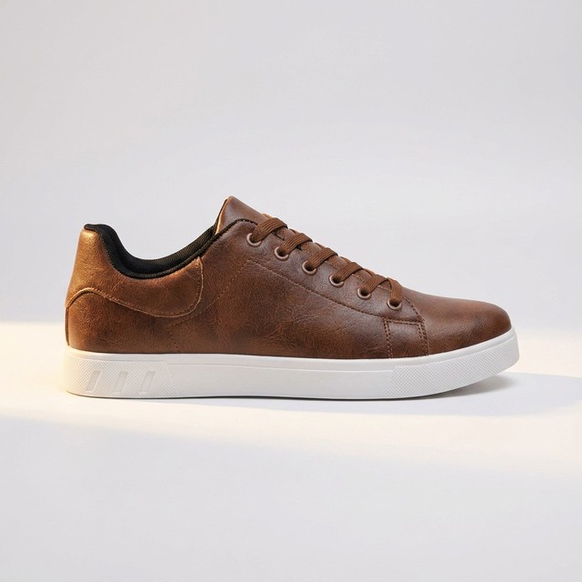 2026 Men's Brown Casual Leather Sneakers Stylish Lace-up Business Leisure Shoes with White Sole
