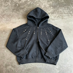 Sudadera con Capucha Negra Personalizada para Hombre con Pedrería, Cierre de Cremallera, Corte Regular, Estilo Casual, Color Sólido, Ropa Urbana para Otoño - Product Image 2
