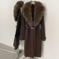 Pull long en tricot pour femme, automne et hiver, avec ceinture à nouer, col en vraie fourrure de renard, veste longue en tricot pour femme