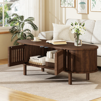 Table basse ovale avec rangement, 2 portes à lattes, porte à enroulement, table en MDF avec pieds en bois massif pour salon
