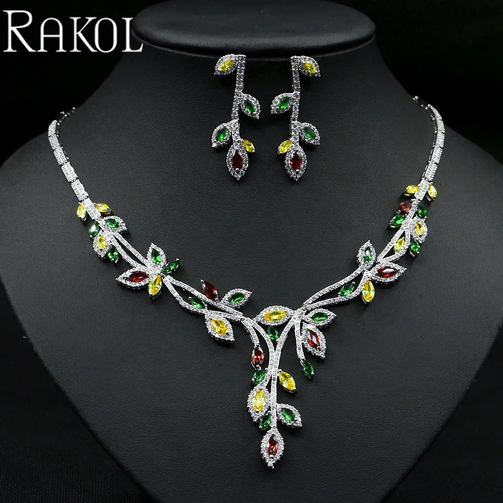 RAKOL ZPS177 Grosir Perak Murni Desain Daun Anting Set Kalung Cubic Zirconia Pernikahan Set Perhiasan Mewah untuk Wanita