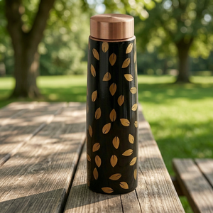 Modern Black <b>Copper</b> <b>Water</b> <b>Bottle</b> With Gold Leaf Pattern <b>Copper</b> Lid Portable Outdoor Drinkware - Product Image 1