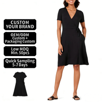Gaun Midi Formal Wanita Musim Panas Grosir Kustom, Kasual Model Bungkus V-Neck, Bahan Faux-Wrap Polos, Dapat Dicuci, Lengan Pendek, Viscose Elastane