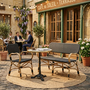 Chaise et banc <span class=keywords><strong>de</strong></span> terrasse en rotin tressé PE pour bistro français, cadre en rotin naturel, assise romantique pour jardin, idéal pour terrasse <span class=keywords><strong>de</strong></span> café parisien - Product Image 1