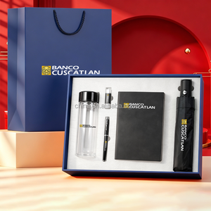 Ensemble cadeau d'entreprise personnalisé avec logo, gobelet en verre, parapluie pliable, stylo, clé USB, carnet, 5 en 1, souvenir d'entreprise - Product Image 1