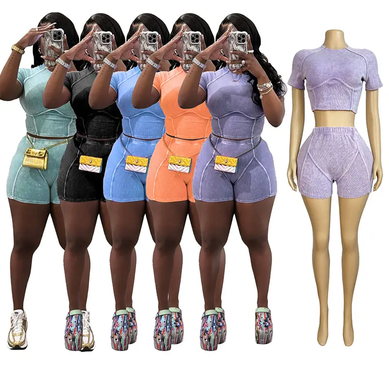 2024 नई डिजाइन ग्रीष्मकालीन महिलाओं के कपड़े बुटीक एस-एक्सएल लाउंज वियर टू पीस शॉर्ट्स सेट