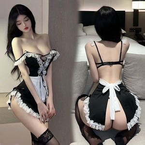 Costume de femme de chambre sexy pour femmes, robe à décolleté plongeant, sous-vêtements à nouer, uniforme en dentelle pour cosplay, lingerie de jeu de rôle érotique - Product Image 3