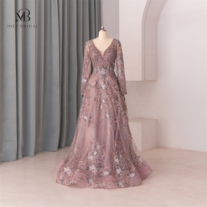 Mily Nupcial LWC8178 Vestidos de lujo Noche Con cuentas A-line Manga larga Escote en V Elegante Lentejuelas Hasta el suelo Vestidos de fiesta - Product Image 1