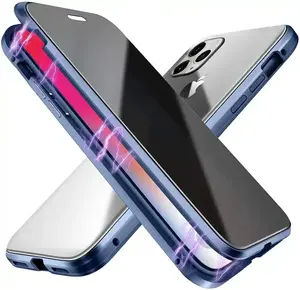 Anti casus çift taraflı koruyucu temperli cam Metal manyetik telefon iPhone için kılıf 15 13 Pro max Anti Peeping darbeye kapak