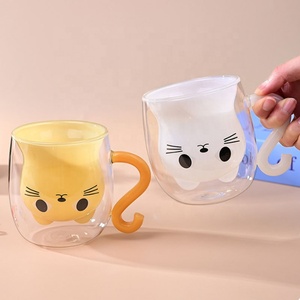 Niedliche Orange-Weiß-Grün-Blaue Farbige Kaffeetassen Cartoon-Katze Doppelwandige Milch-Wasser Borosilikatglas Trinkbecher Mit Henkel - Product Image 4