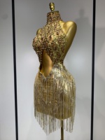 Robe courte transparente à paillettes et franges pour fête d'anniversaire de femme, spectacle de danse, nouvelle mode sexy, costume de scène doré scintillant