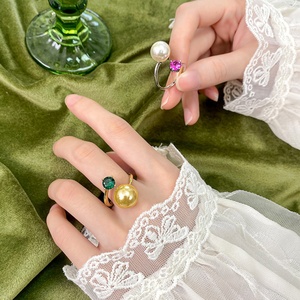 Dainty Jewelry Wholesale Eco-friendly Copper Green Zircon 12mm Shell Pearl Open Unique <b>Cheap</b> Designer Vintage <b>Ring</b> for Feminine - Product Image 6