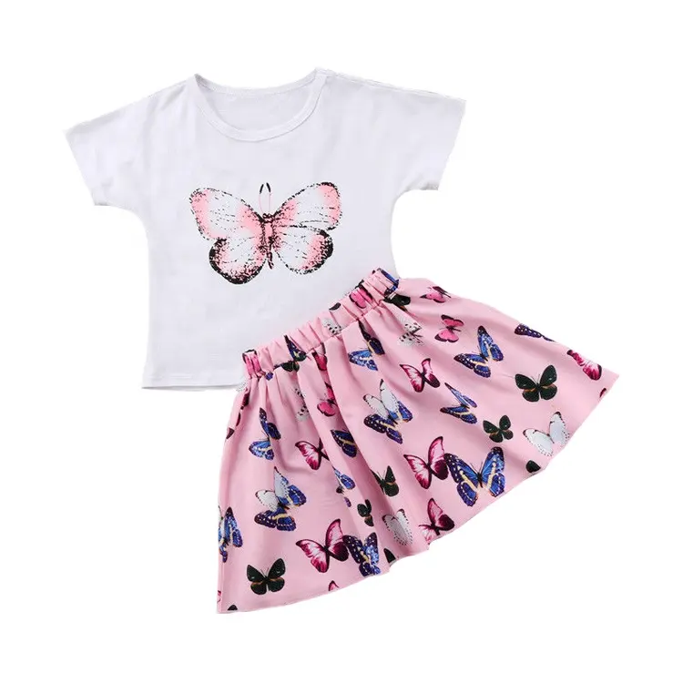 Wholesale Girl Set Toddler Baby Girls Butterfly Print Outfits Clothes Summer T-shirt Skirts Mini 2pcs Set