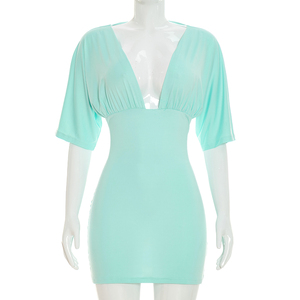Viviblook C26DS218 Vestidos de Verano para Mujer, Nuevo Vestido Ajustado de Color Sólido con Cuello en V y Pliegues para Damas - Product Image 5