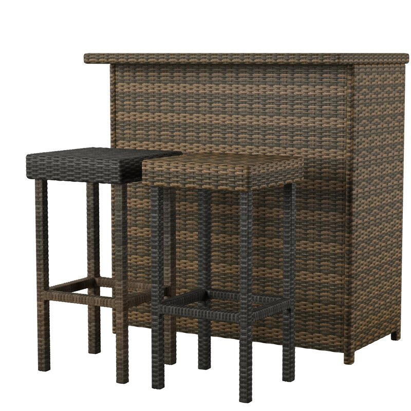 Ao ar livre 3 piece set bar, mesa de bar de vime com 2 bancos de bar, rattan de vime ao ar livre mobiliário de jardim cadeira do sofá conjunto com almofada.