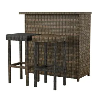 outdoor 3 piece bar set, wicker bar table with 2 bar stools, rattan wicker outdoor garden furniture sofa chair set with cushion.