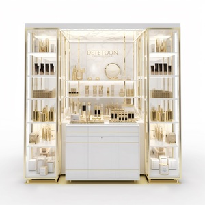 Nordic Design Gold-Edged Glass Showcase Drawer Lockable Wood Metal Display Shelves For Cosmetics Store