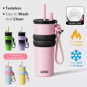 Nouvelle tasse portable en acier inoxydable à double paroi de 750 ml avec poignée et paille, idéale pour les voyages en voiture, parfaite comme cadeau - Product Image 1