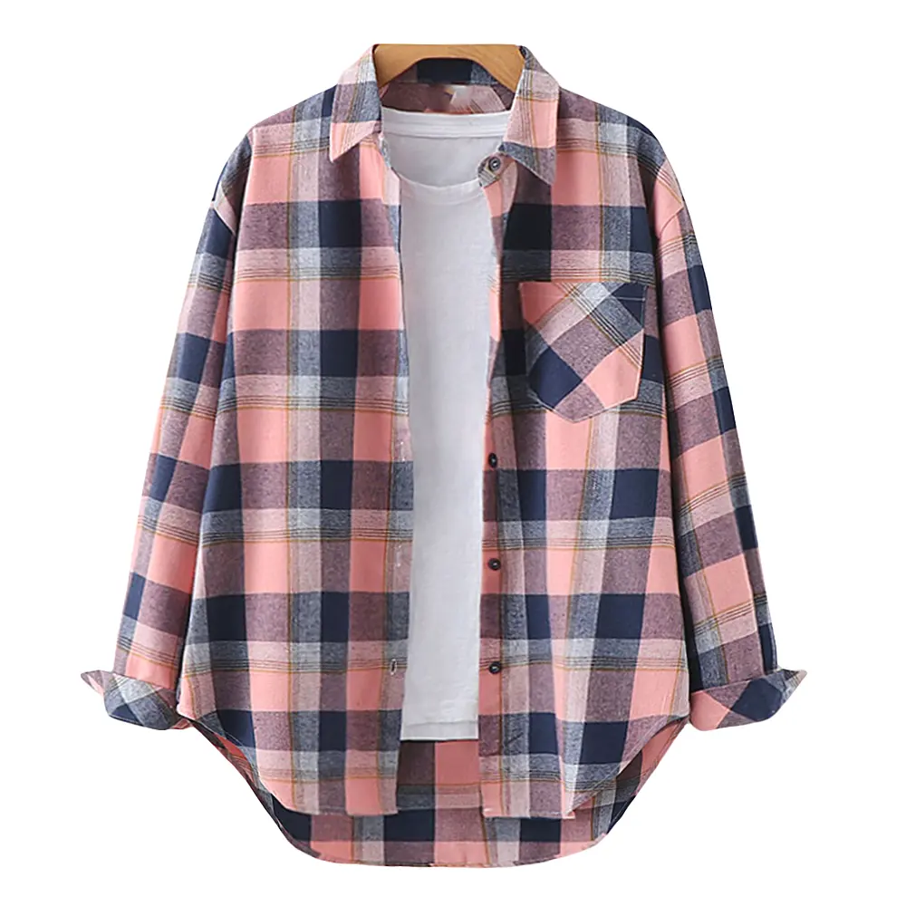 High Street Jacket Flannel Custom Polyester Button Up Autumn Casual Matching Plaid Women Streetwear Shirts