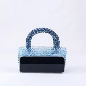 Blue Transparent Beaded Bag Handmade Clutch Bags for Women Designer Handbags High Quality Ladies Fashion Tote Bag