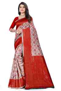 Traditional Indian Silk <b>Saree</b> <b>Red</b> And Beige With Floral Zari Work For Wedding And Festival Wear Women - Product Image 6