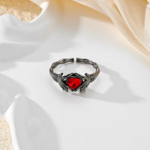 Skeleton Heart Shape Red Stone <b>Open</b> <b>Ring</b> For Women Party Jewelry Claw Setting - Product Image 3