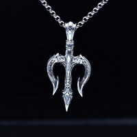Bijoux vintage en argent sterling 925, design punk, pendentif trident oxydé