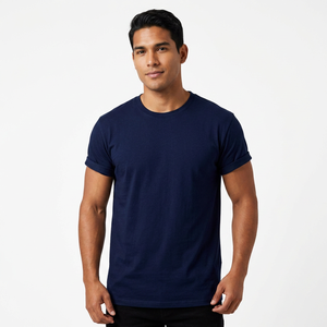 Camiseta de Algodón para Hombre, Corte Regular, Color Azul Marino, Manga Corta, Cuello Redondo, Estilo Casual, Tejido Jersey, Color Sólido - Product Image 1