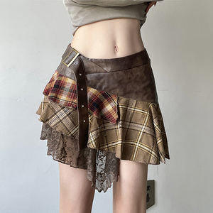 Summer Casual Belted Dropped Waist A-Line <b>Midi</b> <b>Skirt</b> with Unique Lace PU <b>Plaid</b> Contrast Asymmetrical Hem Eco-Friendly Breathable - Product Image 1