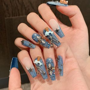 Unghie Finte Lunghe in Denim Vintage Stile Ragazza Nera Fatte a Mano, Copertura Completa, Forma Quadrata, 10 Pezzi per Dita - Product Image 4