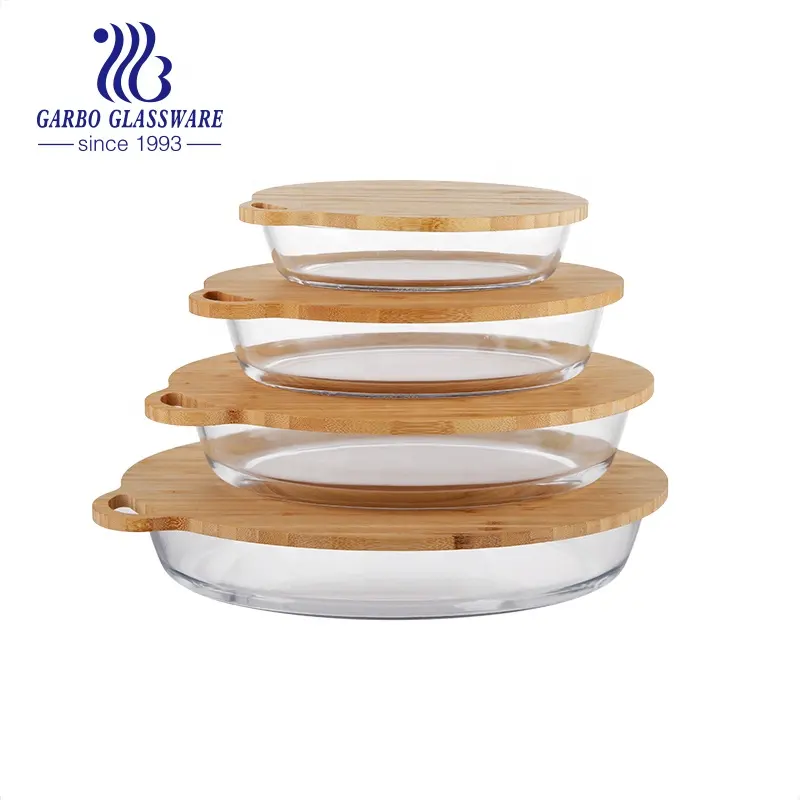 Жаропрочная посуда для выпечки из боросиликатного стекла с крышкой, посуда для выпечки, сковорода для духовки, прямоугольный круглый поднос для кухни с бамбуковой крышкой
